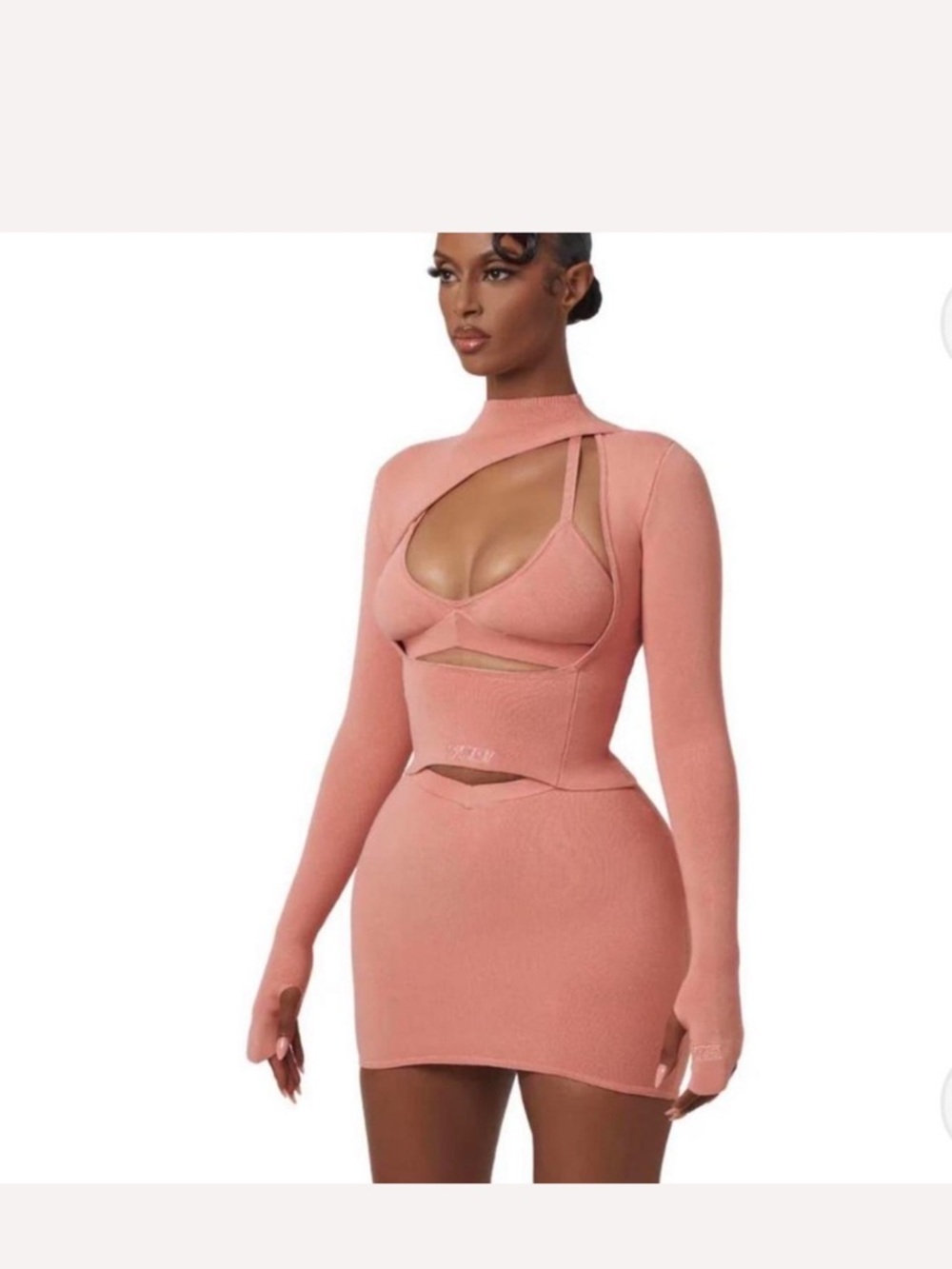 Yagi - Cutout Ribbed Three - Piece Mini Dress in Dusty Rose Size Medium